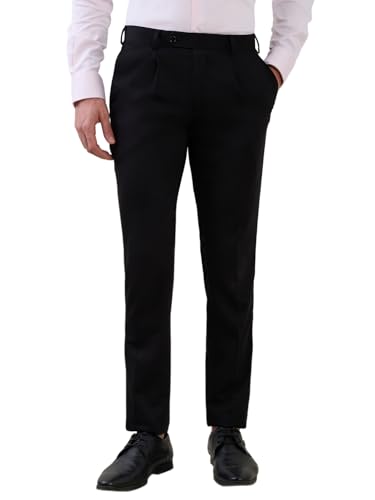 Image of Raymond Men Super Slim Fit Solid Pattern Terry Rayon Blend One Pleat Formal Trouser Black