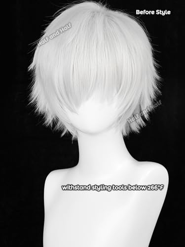 Image of Half and Half Short White Wig for Men Silver White Male Anime Cosplay Wig Light Gray Spiky Layered Wigs with Bangs for Unisex Women Halloween Party Daily Costumes
