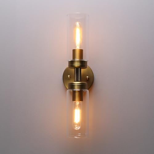 Image of Phansthy Rustic Industrial Wall Sconce Light with 3.14 inch /8cm Tubular Clear Glass Lampshade (2-Light Sconce Antique)