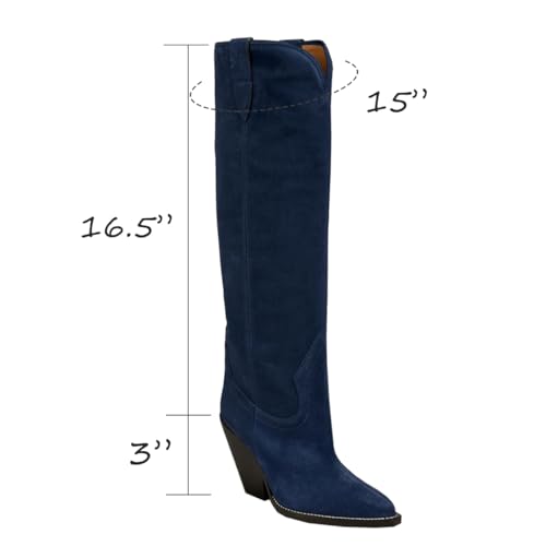 LEHOOR Women Cowboy Knee High Boots Chunky Block Heel Pointed Toe Suede Western Cowgirl Boots Wide Calf Pull On 3" High Stacked Heels Tall Dress Boot Fall Fashion Winter Riding Boot Retro 4-11 M US3