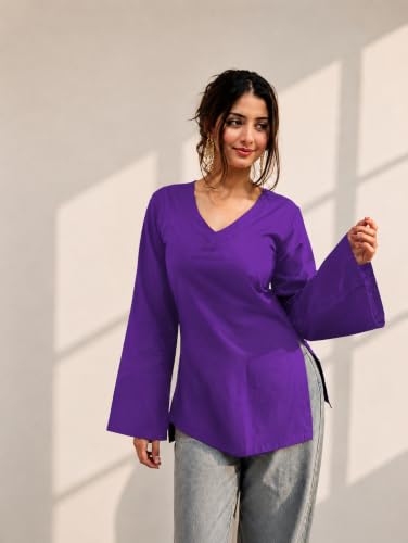 Image of Women's Cotton Short Kurti Black Solid Plain V Neck Full Bell Sleeve Casual Stylish Short Kurta for Women for Jeans Daily Girl Top