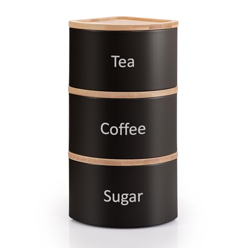 EHC Tea Coffee Sugar Canister Set, Set of 3 Stackable Kitchen Canisters Sets, Airtight Jars Easy Open Corner Space Saving Design, Black - Cosy Home Interiors EHC Tea Coffee Sugar Canister Set, Set of 3 Stackable Kitchen Canisters Sets, Airtight Jars Easy Open Corner Space Saving Design, Black