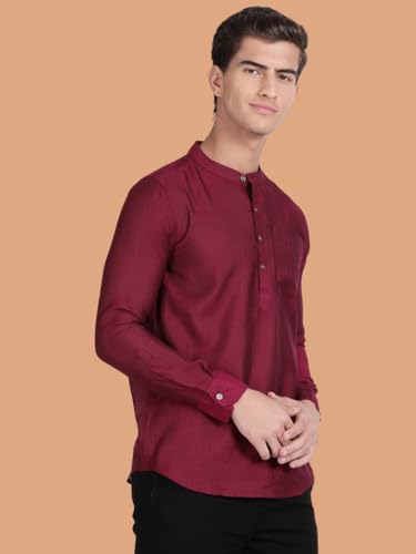 Image of KRYPTIC Men's Full Sleeve Regular Fit Short Kurta in Premium Pure Cotton with Patch Pocket and Mandarin Collar - Perfect Blend of Style and Comfort