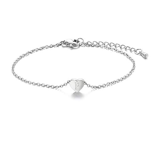 Tarsus P Initial Letter Stainless Steel Silver Alphabet Bracelets Monogram Script Heart Charm Jewelry Gifts for Women Girlfriend Teen Girls