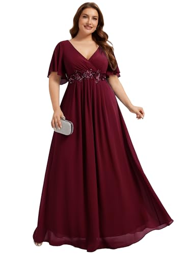 Image of Ever-Pretty Short Sleeves V Neck Plus Size Formal Dresses for Curvy Women Chiffon Mother of The Bride Dress Evening Gowns