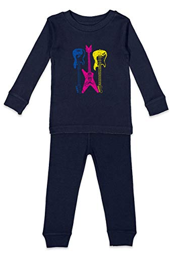 Guitars Neon - Rock n Roll Music Youth Pajama Set (Navy Blue Top/Navy Blue Bottoms, Youth 14)