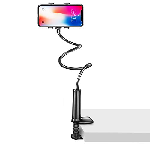 Phone Holder Bed Gooseneck Mount Lazy Bracket Flexible Arm Mount Clip Adjustable Clamp Stand for Cell Phone 11 Pro XS Max XR X 8 Plus, Samsung S20 Note10 S9 for Bedroom, Desk, Kitchen-Black (33.4In)
