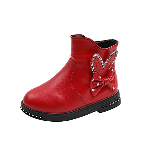 Fashion Winter Girls Booties Low Heel Flat Bottom Non Slip Rhinestone Bowknot Side Zipper Comfortable Girl Boots (Red, 11-11.5 Years Big Kids)