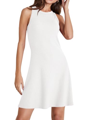 Image of Wenrine Womens Summer Casual Tank Dress Ribbed Knit Sleeveless Crewneck A Line Mini Dresses