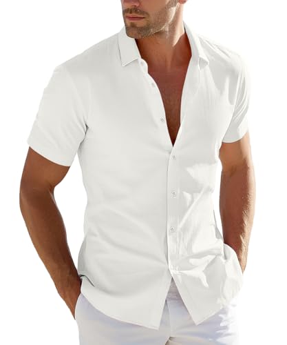 Men's Shirt Cotton Short Sleeve Casual Button Down Shirt Vacation Summer Beach Shirts for Men