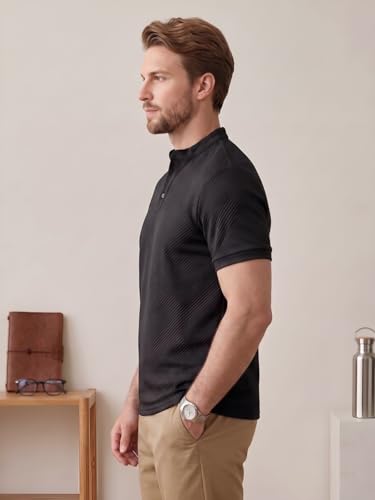 Image of Leriya Fashion Men's Textured Mandarin Collar T-Shirt | Premium Casual Polo Style T Shirt for Men | Smart Casual Office, Party &Everyday Wear