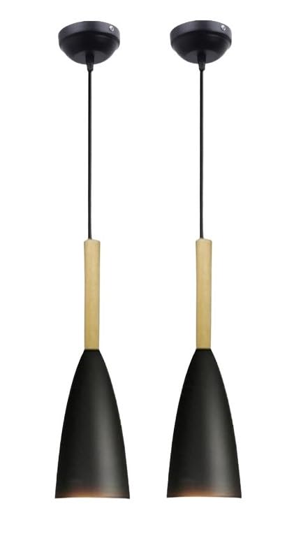 Black Glass-Style Pendant Light with Wooden Accent – Aluminium Ceiling Lamp for Living Room, Bedroom, Hallway, Café, Bar, and Balcony – Bulb Not Included (Black, Pack of-2)-image-21