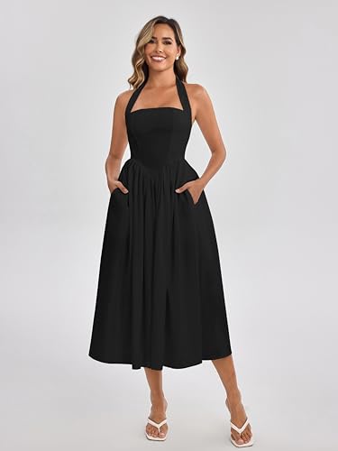 Image of Parthea Women's Floral Halter Corset Midi Dress 2026 Elegant Smocked Flowy Wedding Guest Dresses with Pockets