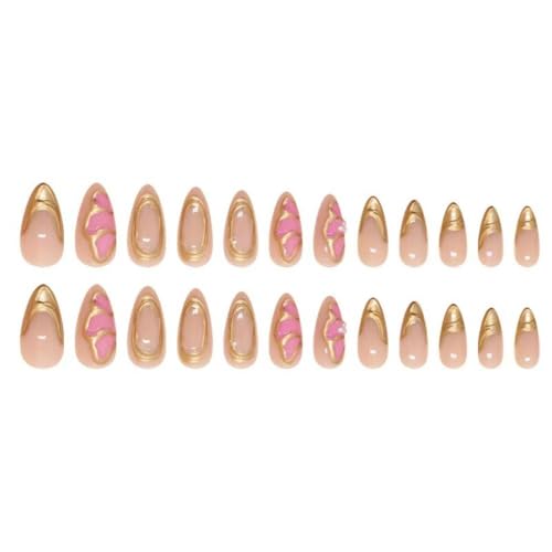 Image of Flower Press on Nails French Tip Fake Nails with 3D Gold Design Butterfly Glue on Nails Artificial Acrylic Nail Full Cover Medium Almond False Nude Stick on Nails for Women Manicure 24Pcs
