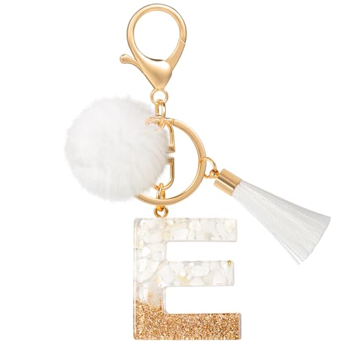 MWOOT E Porte Clé Lettre Peluche Tassel, Or Blanc Initial Résine Keychain Personnalisé, Porte Clef Lettre Pendentif Décoratif, Kawaii Porte Clef Voiture Charm, Idee Cadeau D'Anniversaire pour Femme(E)