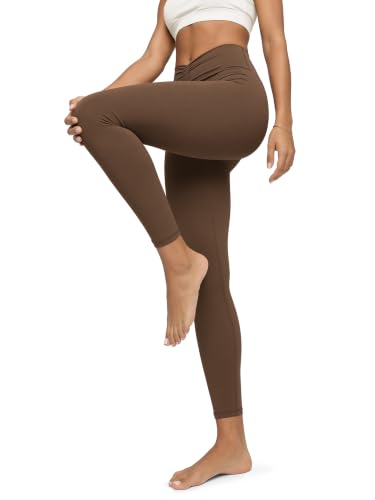 ODODOS Cloud Feeling Ruched Yoga Leggings for Women 7/8 Length High Waist Crossover Yoga Pants, Brunette, X-Small