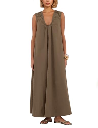 Image of Women Sleeveless Ruched Maxi Dress Scoop Neck Long Elegant Dresses Wide Shoulder Strap Blouse Dress with Side Pockets