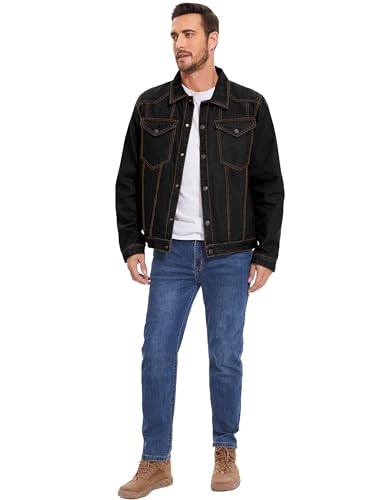 Flygo Mens Flannel Lined Denim Jacket Snap Cowboy Cut Western Classic Slim Fit Vintage Heavy Duty Jacket Trucker Coat