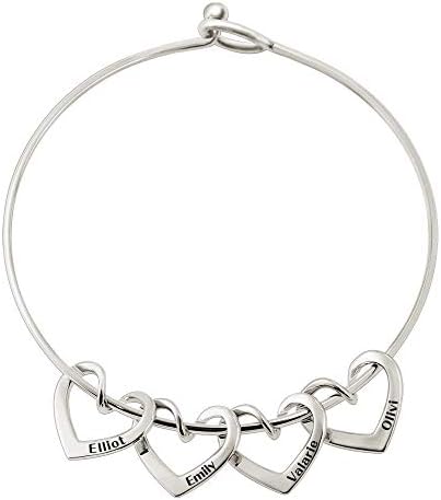 BAUMA AUTO Personalized Name Bangle Cuff Bracelet with Heart Charms Custom Engraved Any Names for Women Girl Family Jewelry for Mothers Day (Silver, 3 name)