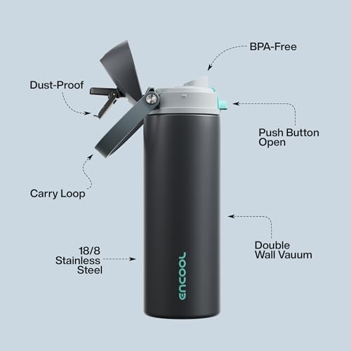 Image of Insulated Water Bottle with Straw - Encool Stainless Steel Water Bottle with Push Button Lid, Leak-Proof & BPA-Free, Keeps Cold for 24 Hours for Sports, Travel, Gym (32 oz, Tuna Grey-Green)
