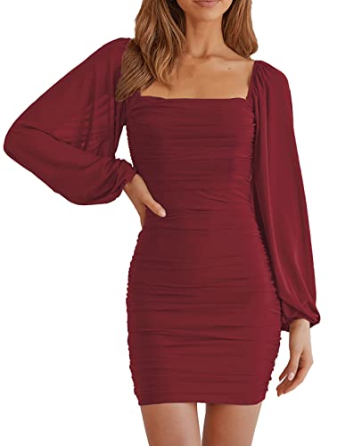 Image of MEROKEETY Women Square Neck Lantern Long Sleeve Mesh Ruched Bodycon Clubwear Mini Dress