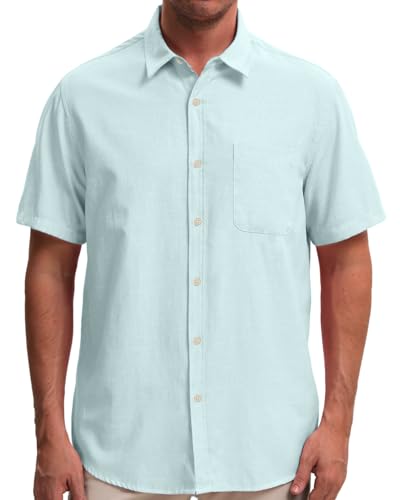 Mens Cotton Linen Short Sleeve Shirts Casual Lightweight Button Down Shirts Vacation Beach Summer Tops with Pocket