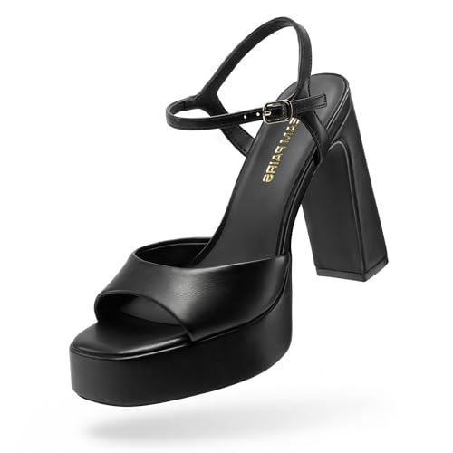 DREAM PAIRS Platform Heels for Women, Square Toe Chunky High Heels Ankle Strap Sandals for Wedding Party Formal Event 7.5 Black