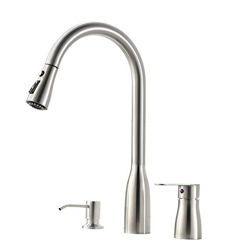 VESLA HOME 3 Hole Stainless Steel Brushed Nickel Single Handle Kitchen Faucet,Kitchen Sink Faucet with Pull Down Sprayer and Soap Dispenser