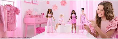 Image of Barbie Deluxe Style Doll #9 in Pink Denim Outfit, Blonde Hair, Matching Jacket and Skirt Set with Accessories Like Bow Clutch and Pearly Jewelry