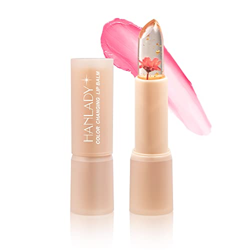 HANLADY Flower Lip Balm, Vegan Lip Balm Pink Lip Stain, pH Color Changing Lipstick with Flower Inside, Ph Lip Balm Long Lasting Moisturizing Waterproof, Cruelty Free (Pink Flower)