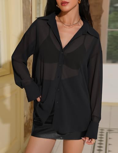 Prettywear Women Sheer Long Sleeve Tops See Through Mesh Oversized Blouses Sexy Trendy Button Down Shirts Tunic3