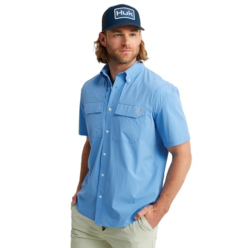 HUK Mens Back Draft Solid Short Sleeve Button Down Shirt, Vented Fishing Shirt for Men, Marolina Blue, Small