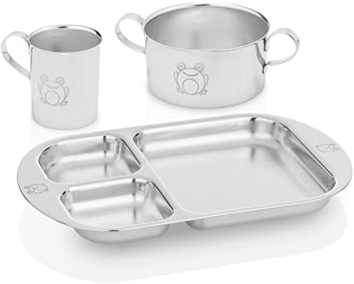 Kiddobloom Children Stainless Steel Dinnerware Set, Frog (1 Bowl, 1 Cup, 1 Divided Plate). High grade stainless #304. Elegant Gift for Baby, Toddler, and Kids.