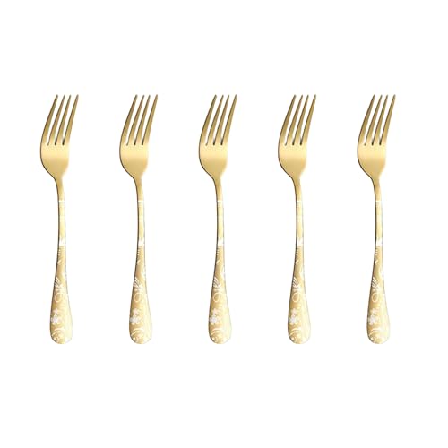 Image of 6.7 inch Aurum Gold Salad Forks with Floral Printed Handle | Set of 5 Durable Stainless Steel Fruit Forks | Mirror Polished Silverware for Home, Restaurants, and Gift Giving