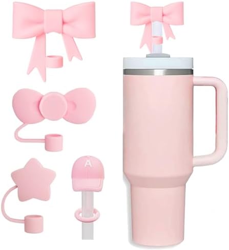 HIUSITY Pink Bow Straw Cover Topper for Stanley Cup,Silicone Straws Toppers for Tumbler with Handle 40oz,Cute 10mm/0.4in Covers Cap,Reusable Lids for Stanleys Cups Accessories, 4Pcs-42