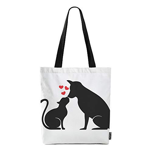 Moslion Dog Cat Silhouette Tote Bag Animal in Love Puppy Kitten Shadow Canvas Bag Large Shoulder Handbag Reusable Shopping Bags for Women Girls School 15x16 Inch