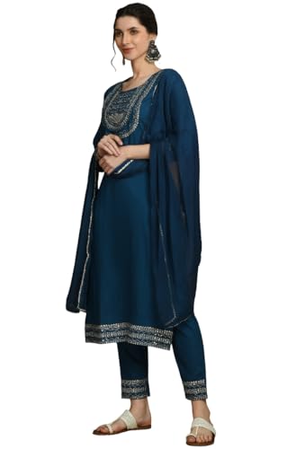 Image of Amazon Brand - Tavasya Women Rayon Straight Kurta Pant Dupatta Set | Embroidered Ethnic Suit Set | Regular Fit Kurta with Pant & Dupatta