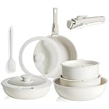 Health Safety Assurance: White Granite Non-stick Cookware Set, free of PFOA, PFAS, and lead/cadmium. It does not produce toxic smoke when overheated, and the coating does not fall into the food. It safeguards cooking safety and health Family-Sized Co...