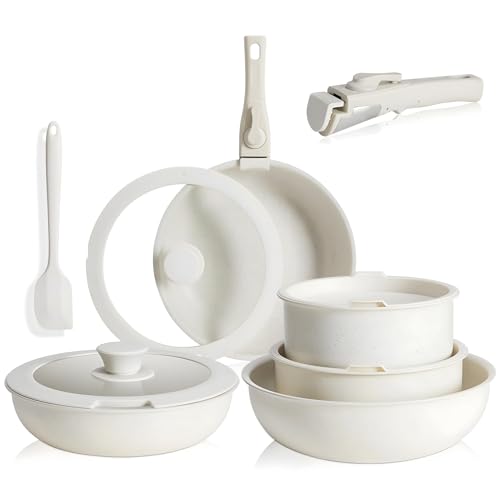Simple Deluxe 12 Pcs Non-Stick Cookware Set, with Beige Granite Texture and Detachable Handles, Resistant to High Temperatures, Oven Safe, PFAS and PFOA Free