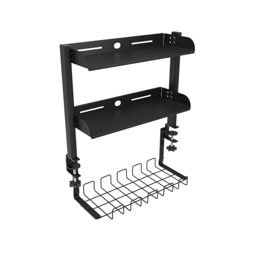 Clamp On Desk Shelf, 17'' 2-Tier Desktop Organizer Shelf with Under-Desk Hidden Storage Basket, Heavy-Duty Desk Shelves for Top of Desk, Space-Saving Desk Storage for Home Office Gaming Setup (Black)