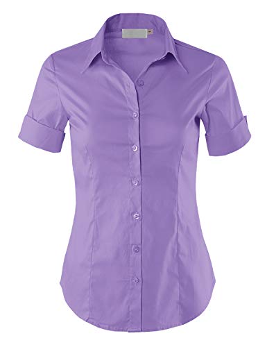 MAYSIX APPAREL Short Sleeve Stretchy Button Down Collar Office Formal Shirt Blouse for Women Lilac XL