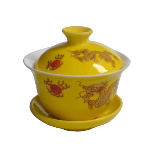 Liang baobao Dragon Gaiwan Tea Cup 4oz Porcelain Teacup Gongfu Tea Cups Tureen Chinese Sancai Cover Bowl Lid Saucer Set (Yellow Dragon)