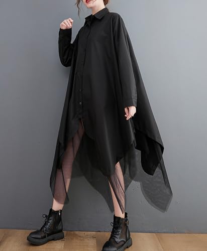 ellazhu Women's Casual Solid Long Sleeve Irregular Tulle Shirt Dress GZ452