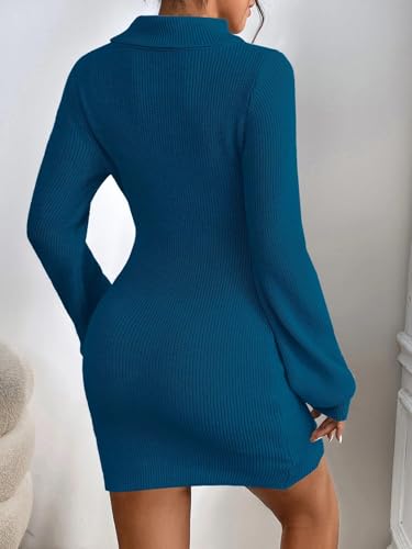 Image of Turtleneck Sweater Dress for Women Lantern Sleeve Mini Bodycon Ribbed Knit Sweater Pullover Short Dresses XS-XXL