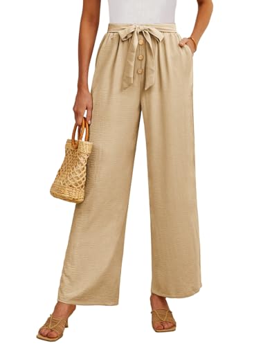 Feiersi Women's Wide Leg Lounge Pants High Waist Button Palazzo Pants Lightweight Tie Knot Loose Trousers