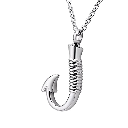 Cremation Jewelry Fish Hook Urn Necklace for Ash Holder Stainless Steel Memorial Pendant (Silver fish)