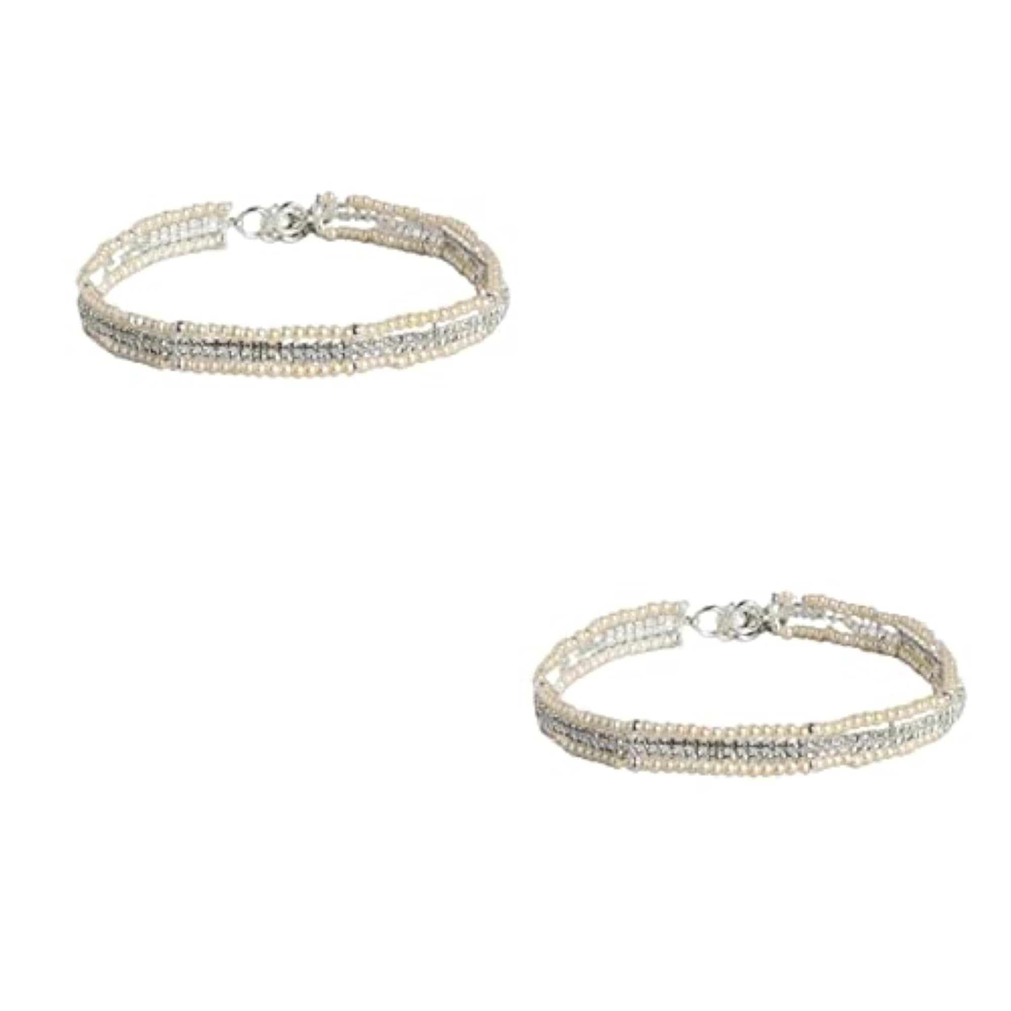 Women's Set of 2 Silver Plated Anklets with Rhinestone and Beaded Pearls