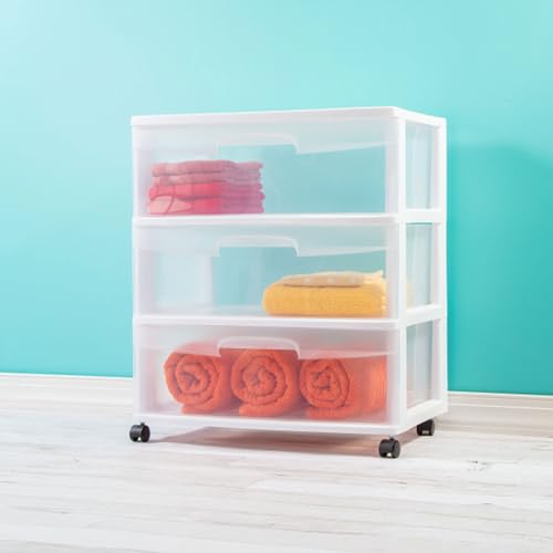 Image of Sterilite Wide 3 Drawer Storage Cart, Plastic Rolling Cart with Wheels to Organize Clothes in Bedroom, Closet, White with Clear Drawers, 1-Pack