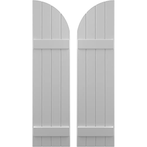 14"W x 48"H Americraft Four Board (2 Batten) Joined Exterior Real Wood Joined Board-n-Batten Shutters w/Arch Top (Per Pair), Primed