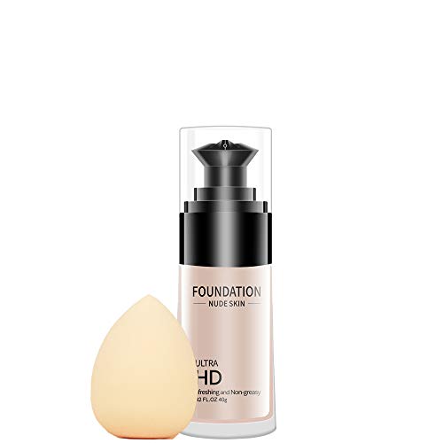 CCPT Matte Porelesss Liquid Foundation Set with Make up Sponge of Full Coverage,Soomthing BB Cream for All Skins-Ivory white